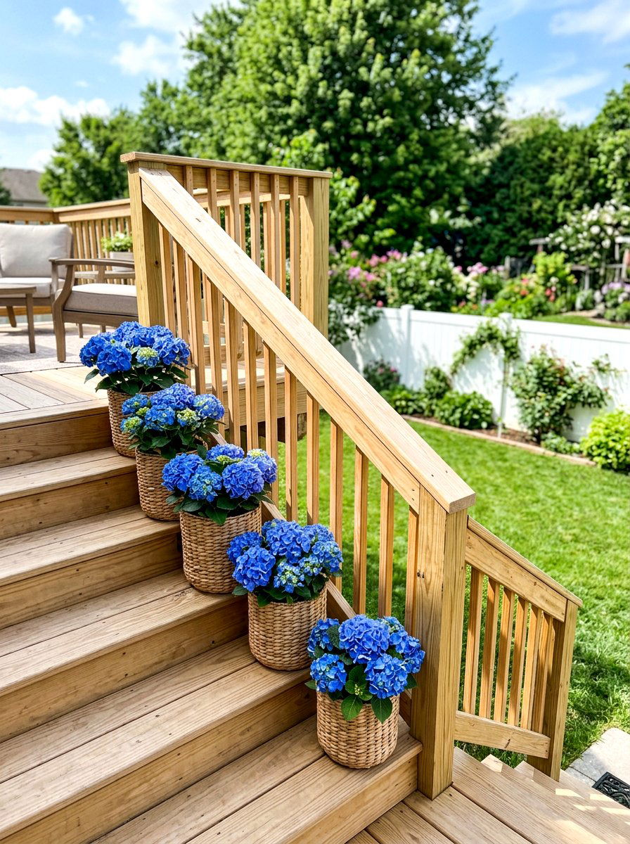 Wicker baskets - 25 Spring Deck Staircase Decor Ideas