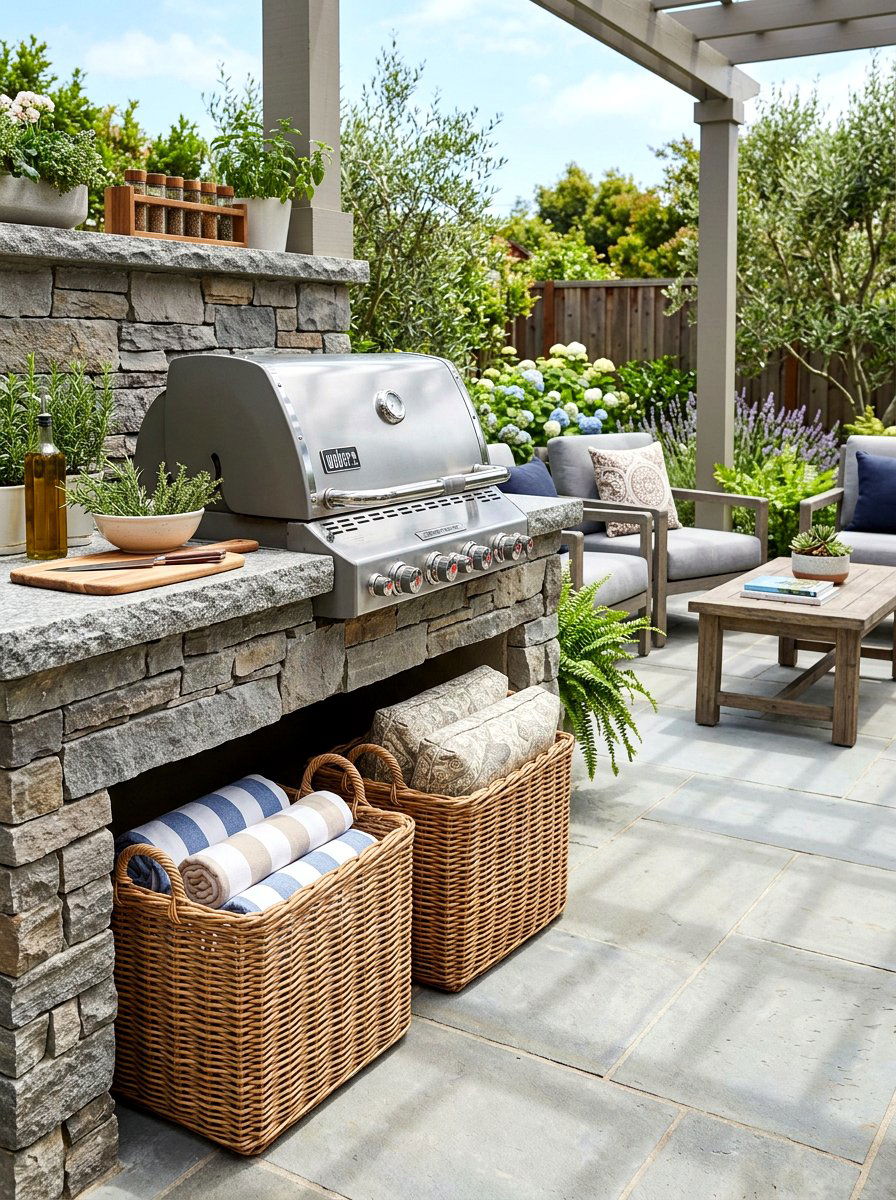 Wicker storage basket - 25 Spring Outdoor Kitchen Decor Ideas