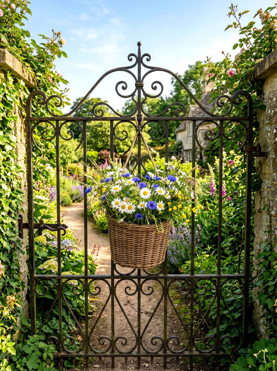 Wildflower Basket For Gate - 25 Spring Iron Gate Decor Ideas