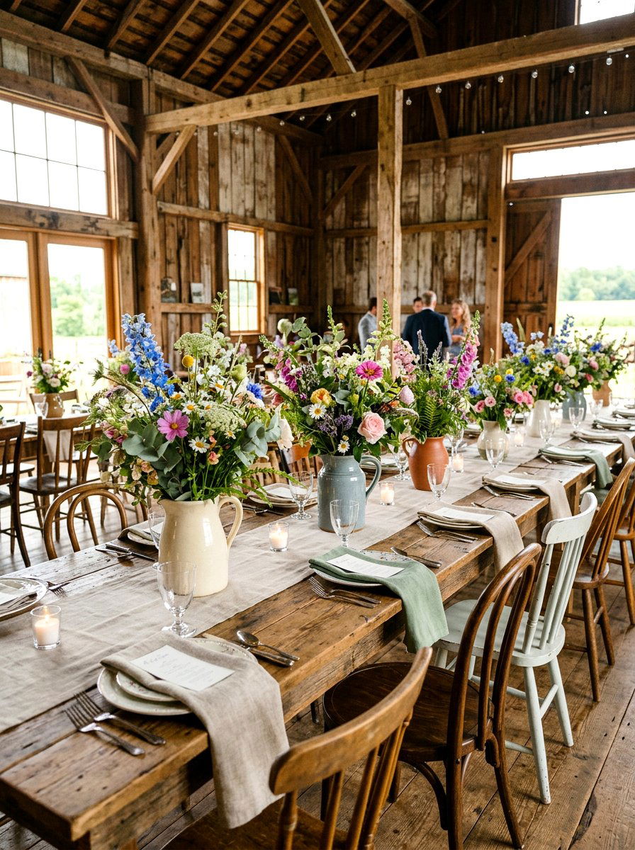 Wildflower Floral Arrangement - 25 Spring Barn Wedding Decor Ideas