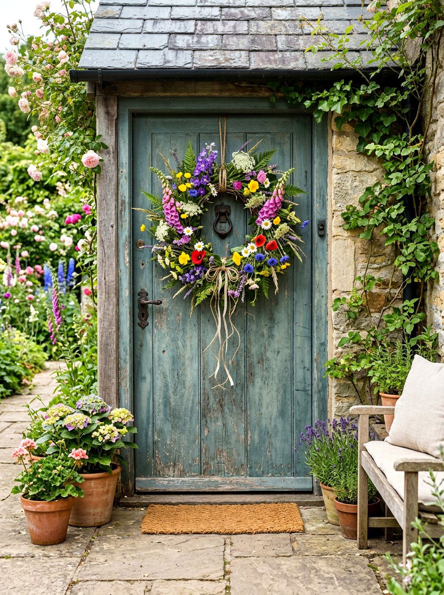 Wildflower Garden Style Wreath - 25 Spring Ribbon Wreath Ideas