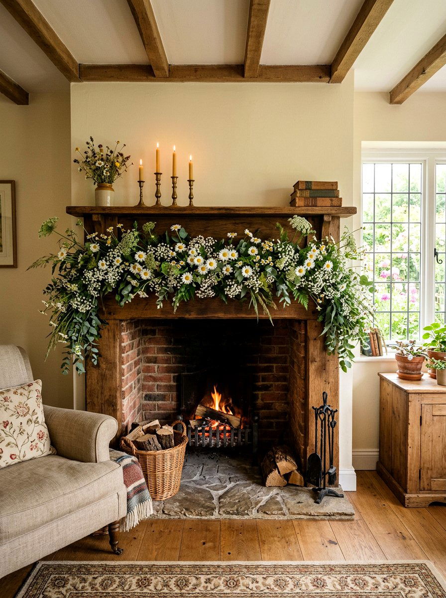 Wildflower Garland Mantel - 25 Spring Mantel Floral Ideas