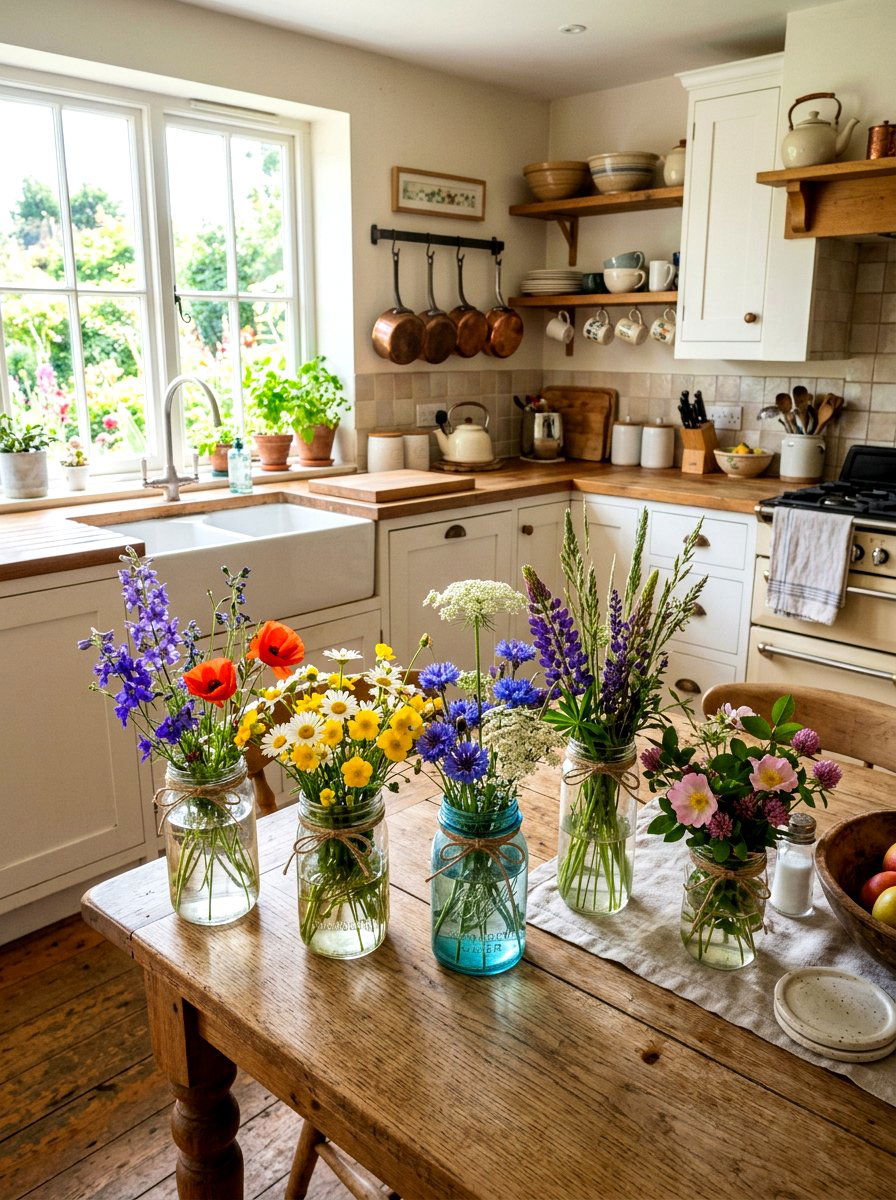 Wildflower Mason Jars - 25 Spring Kitchen Table Arrangement Ideas