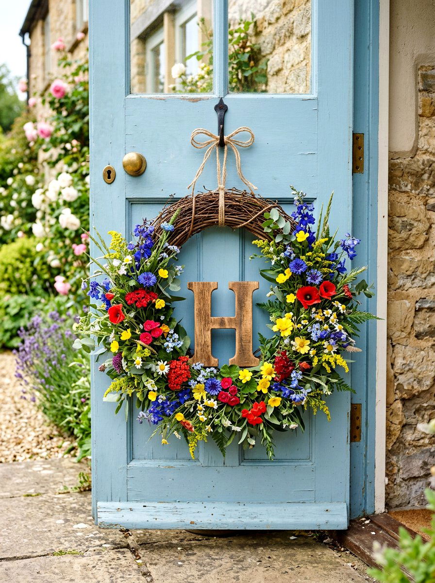 Wildflower Monogram Door Wreath - 25 Spring Monogram Wreath Ideas