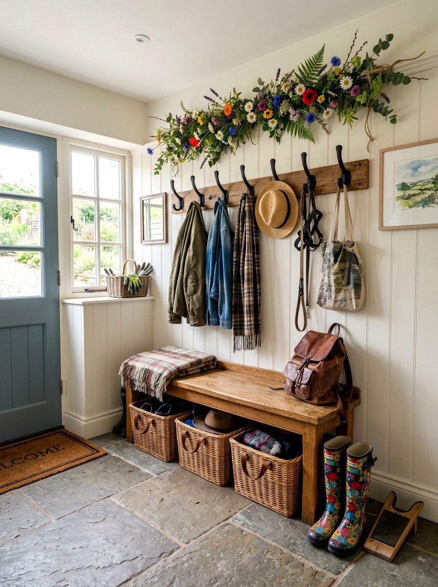 Wildflower Mudroom Bench - 25 Spring Greenery Garland Ideas