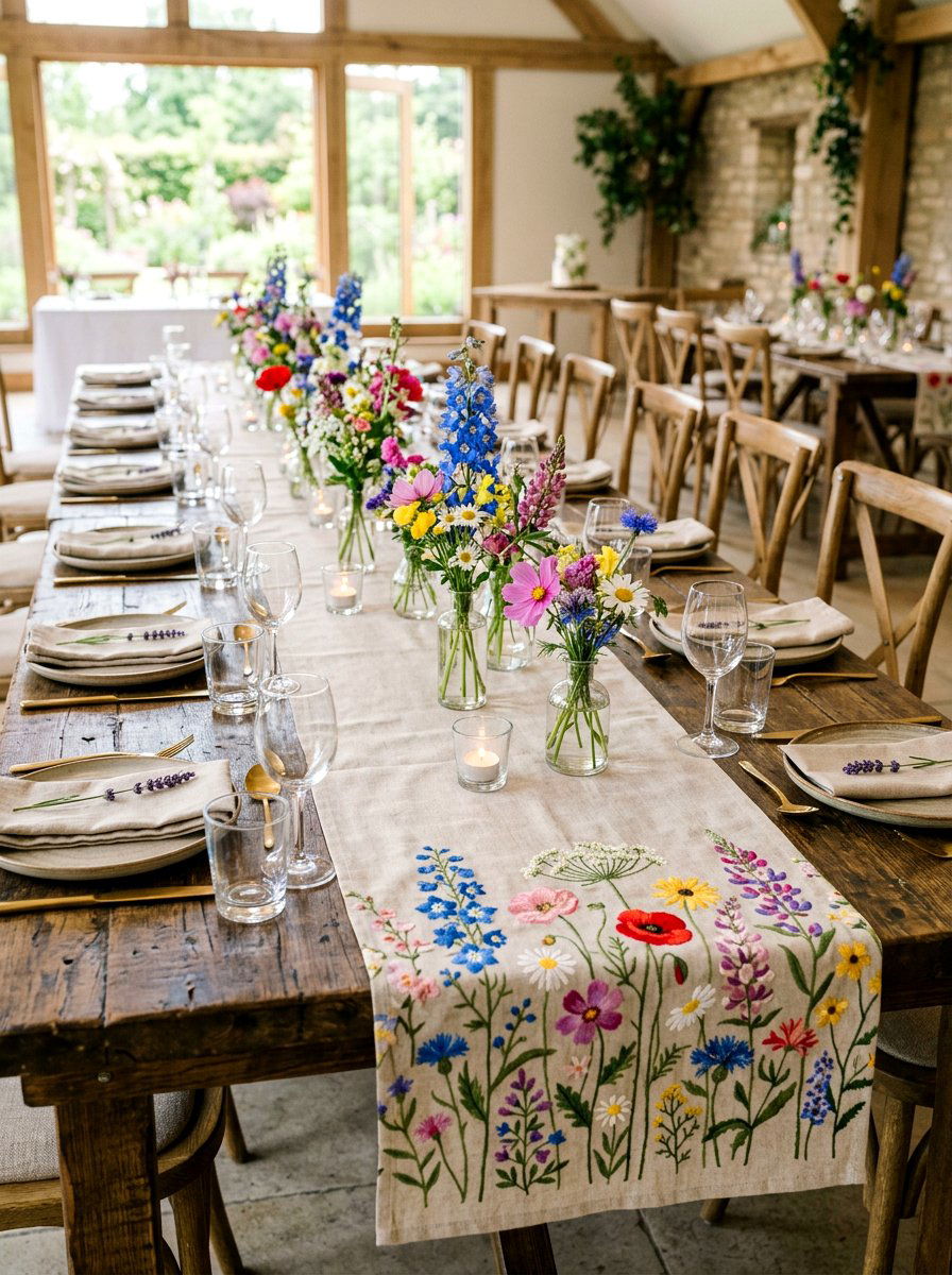 Wildflower Table Runner - 25 Spring Wedding Reception Decor Ideas