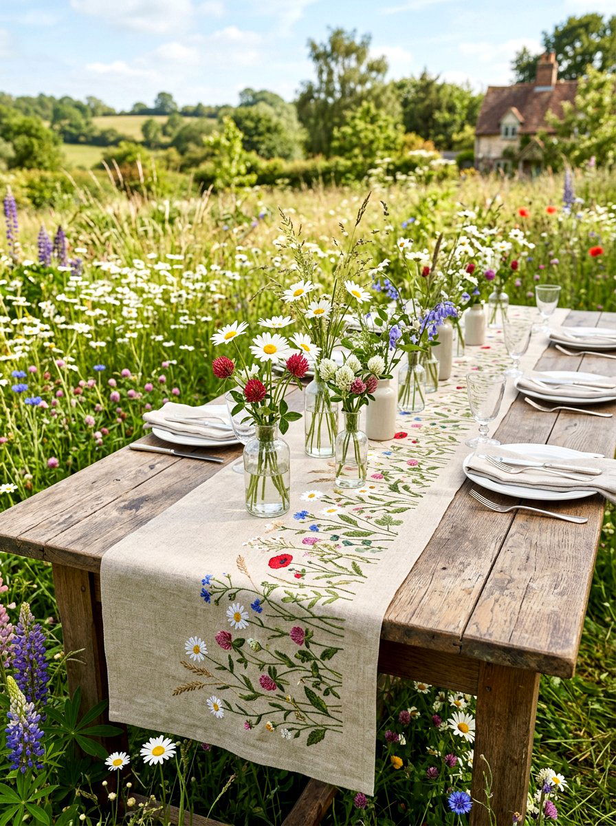 Wildflower Table Runner - 25 Spring Outdoor Dining Table Decor Ideas
