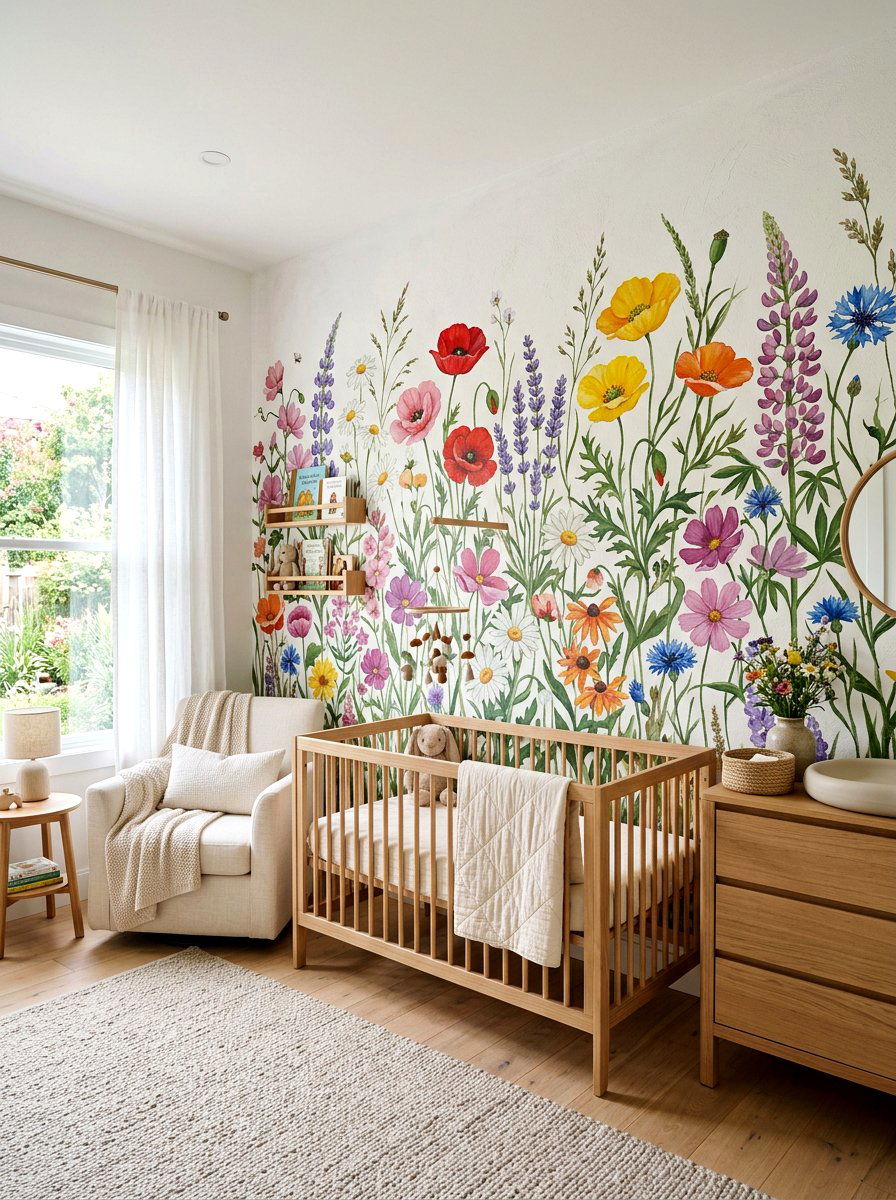 Wildflower Wall Mural Nursery - 25 Spring Kids Room Decor Ideas