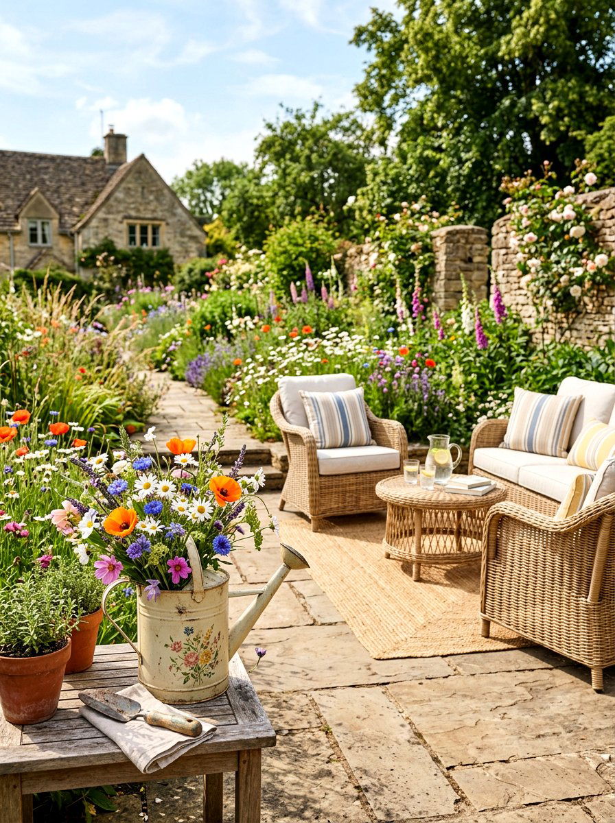 Wildflower Watering Can Patio Styling - 25 Spring Watering Can Decor Ideas