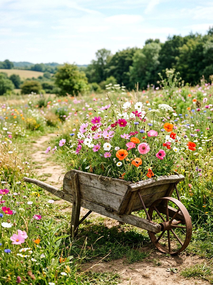 Wildflower Wheelbarrow - 25 Spring Wheelbarrow Planter Ideas