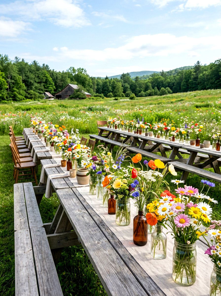 Wildflower arrangements - 25 Spring Rehearsal Dinner Decor Ideas
