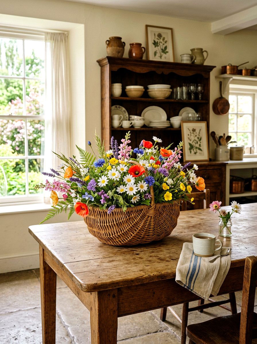Wildflower basket bouquet - 25 Spring Basket Decor Ideas