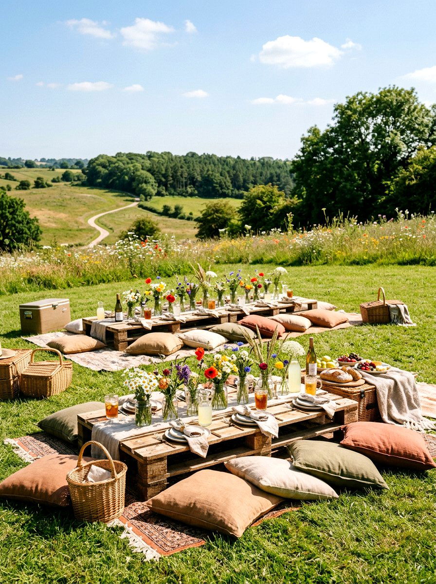 Wildflower picnic setup - 25 Spring Birthday Party Decor Ideas