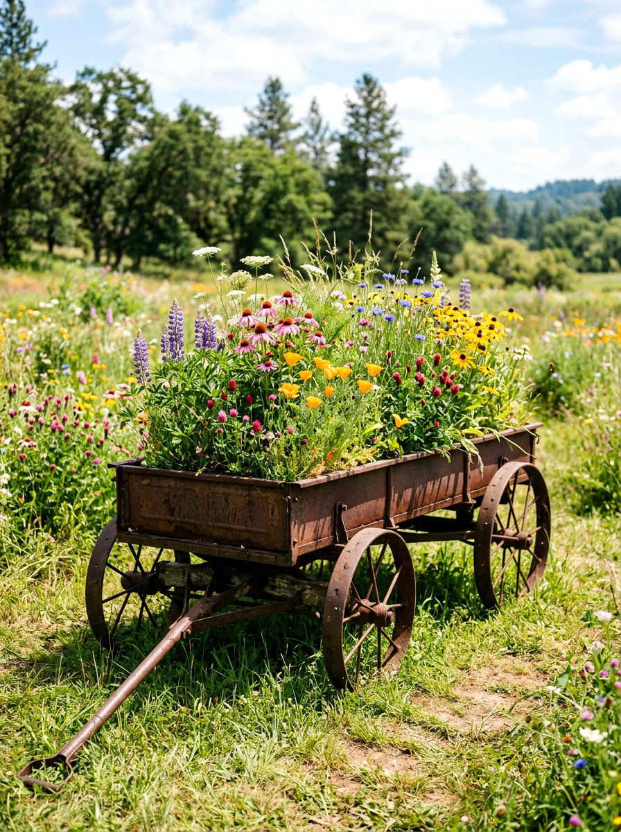 Wildflower wagon planter - 25 Spring Garden Wagon Decor Ideas
