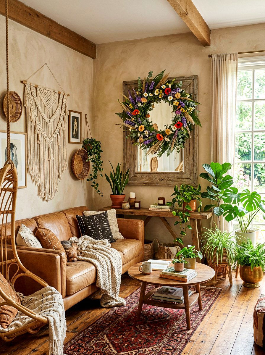 Wildflower wreath on rustic mirror - 25 Spring Wreath on Mirror Ideas