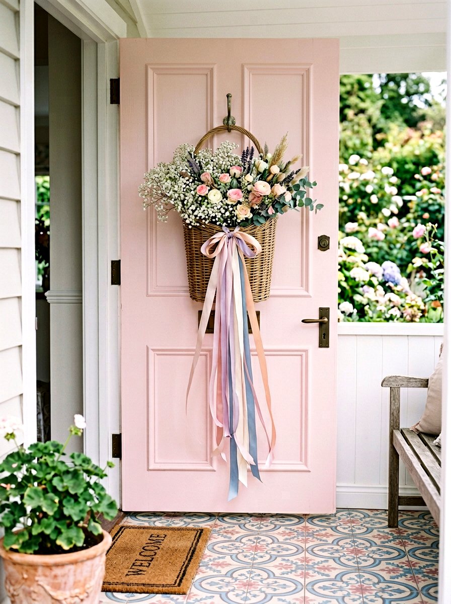 Willow Door Basket With Ribbons - 25 Spring Door Basket Ideas