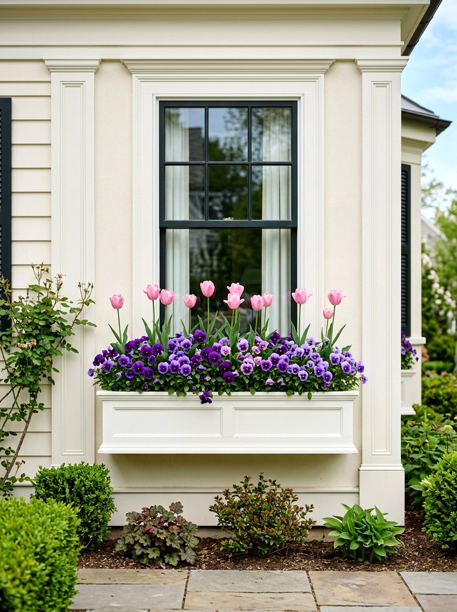 Window Box With Pansies And Tulips - 25 Spring Pansy Planter Ideas