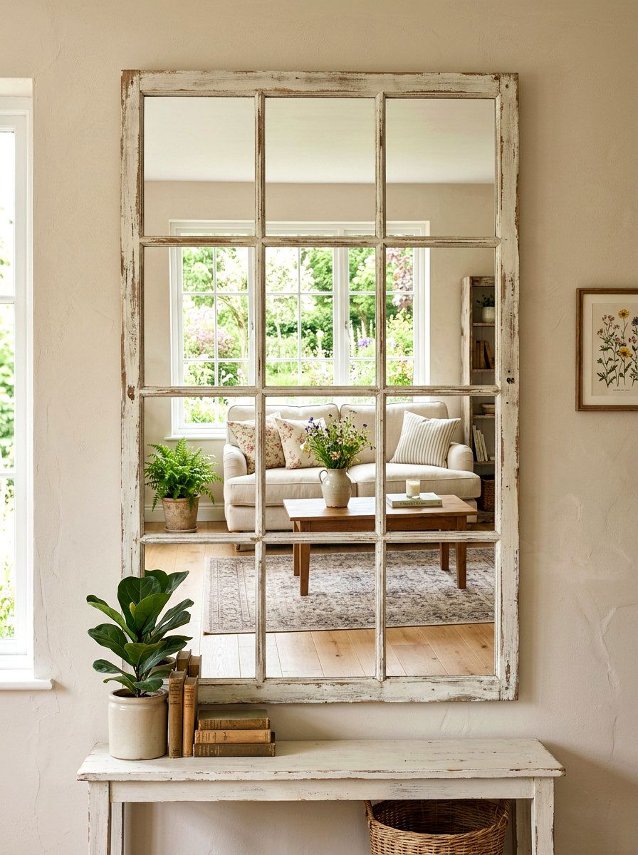 Window Frame Wall Mirror - 25 Spring Upcycled Decor Ideas