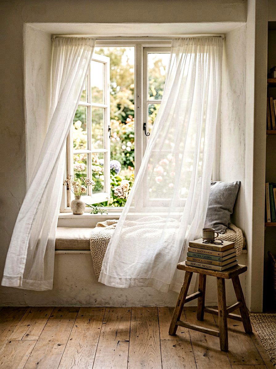 Window Nook With Sheer Cotton Curtains - 25 Spring Wabi Sabi Decor Ideas