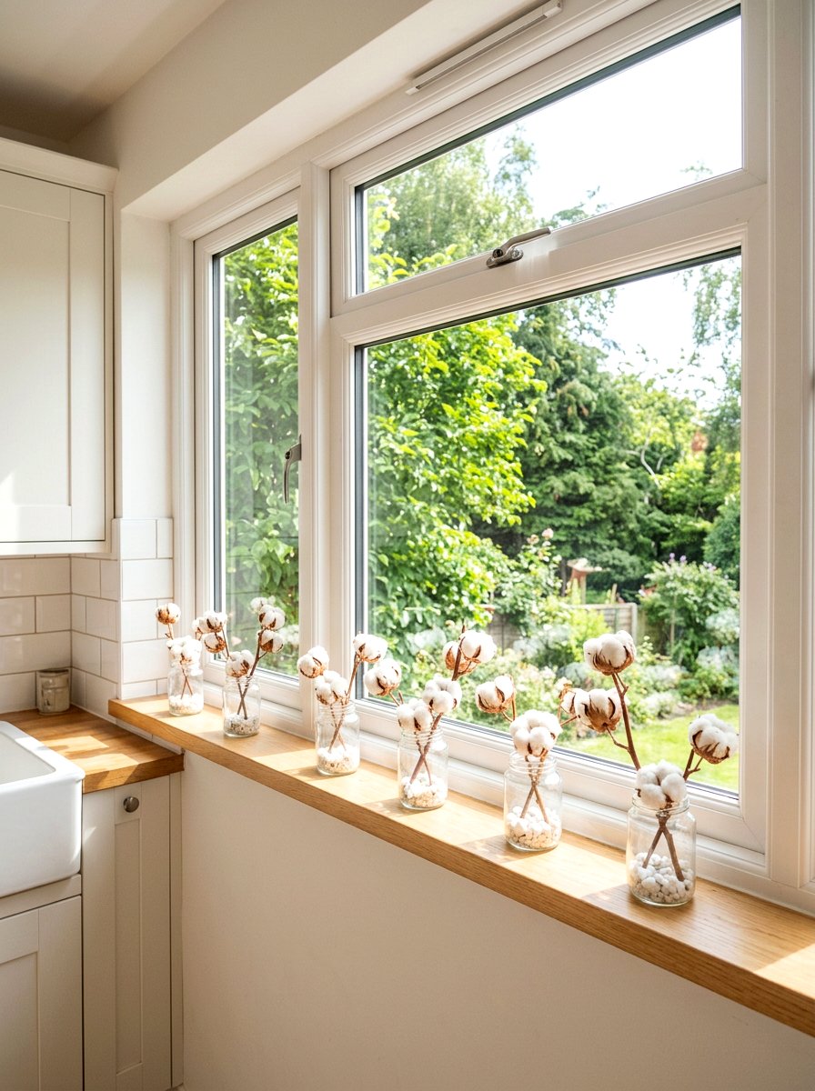 Window Sill Cotton Stem Decor - 25 Spring Cotton Stem Decor Ideas