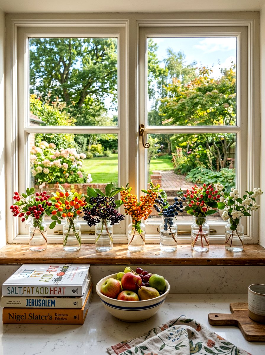 Window Sill Display With Potted Berries - 25 Spring Berry Branch Decor Ideas