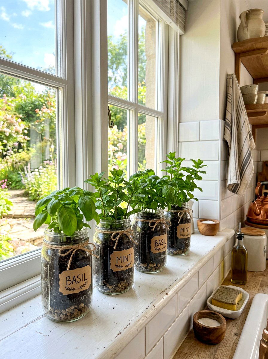 Window Sill Mason Jar Herb Garden - 25 Spring Mason Jar Flower Ideas
