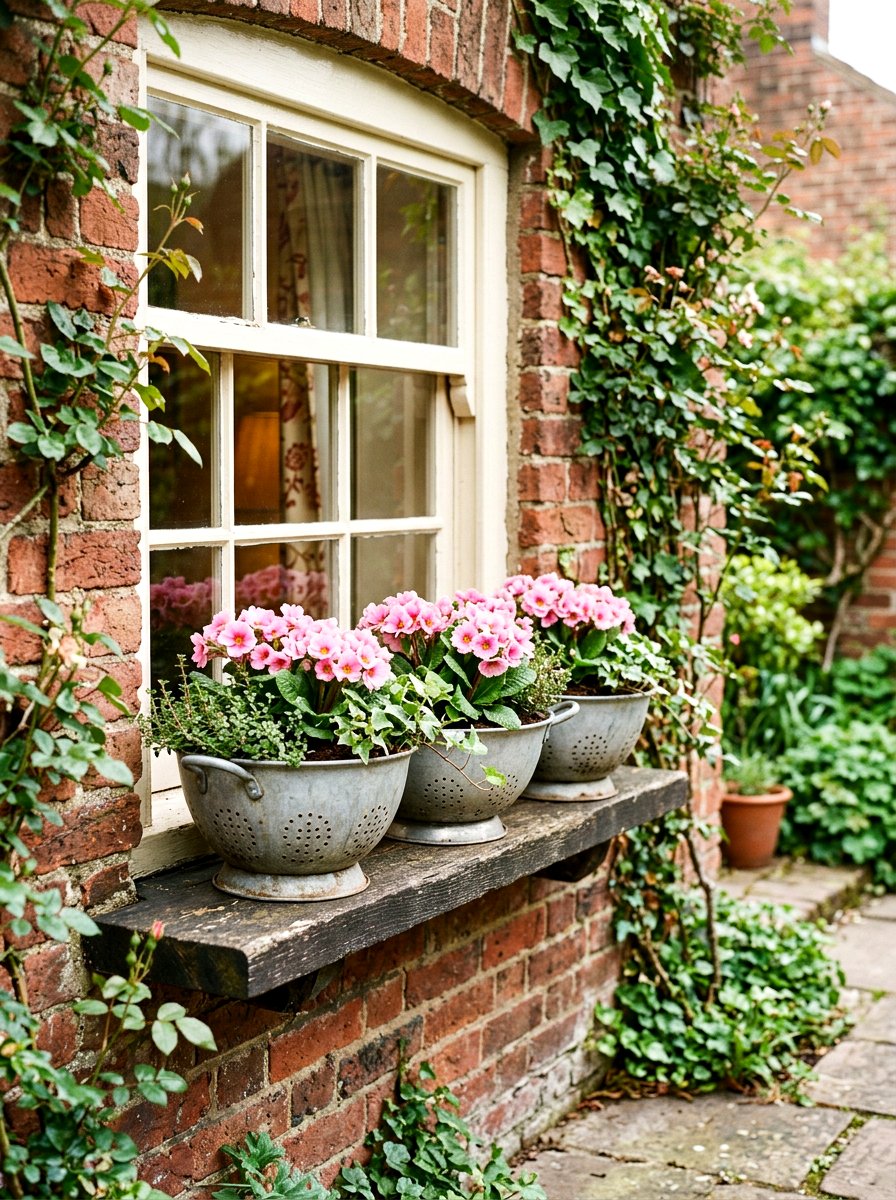 Window box colander garden - 25 Spring Colander Planter Ideas