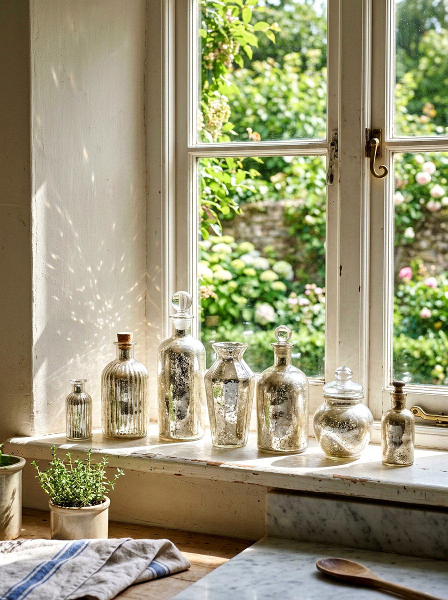 Window sill mercury glass bottles - 25 Spring Mercury Glass Decor Ideas