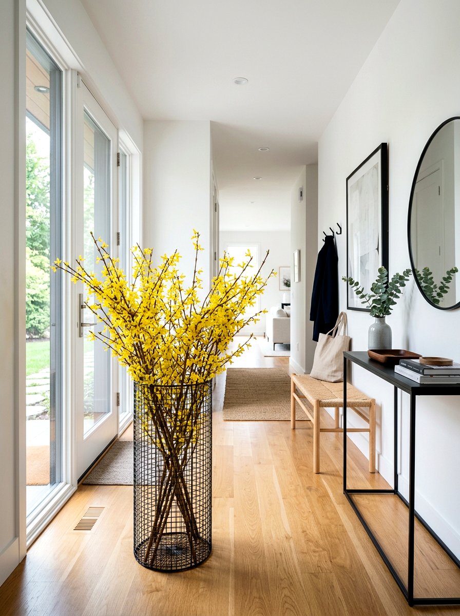 Wire Basket Forsythia Stems - 25 Spring Wire Basket Decor Ideas