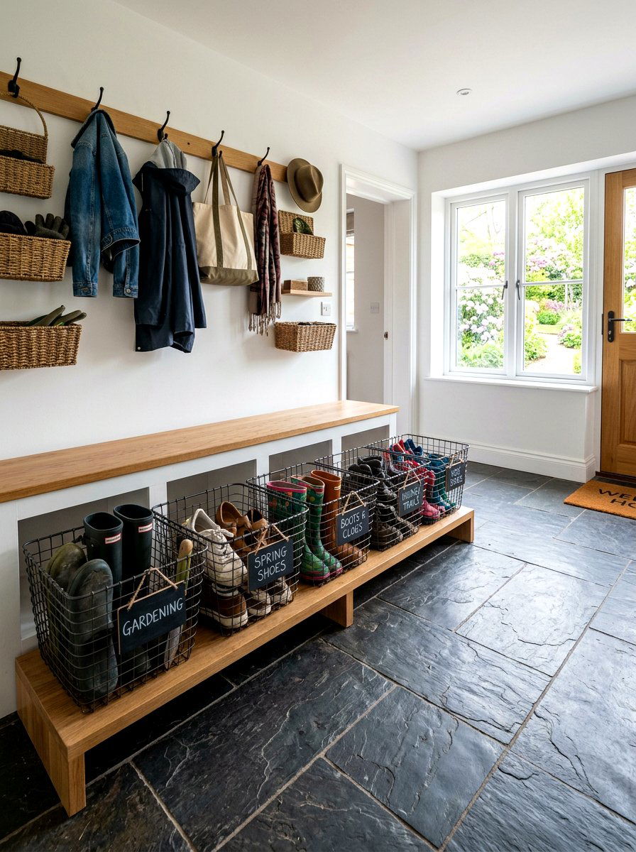 Wire Basket Mudroom Storage - 25 Spring Wire Basket Decor Ideas