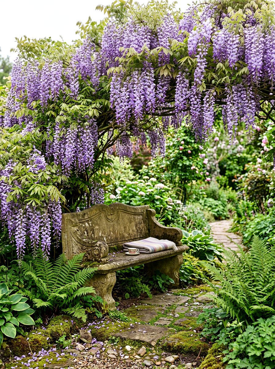 Wisteria Garden Bench - 25 Spring Wisteria Ideas