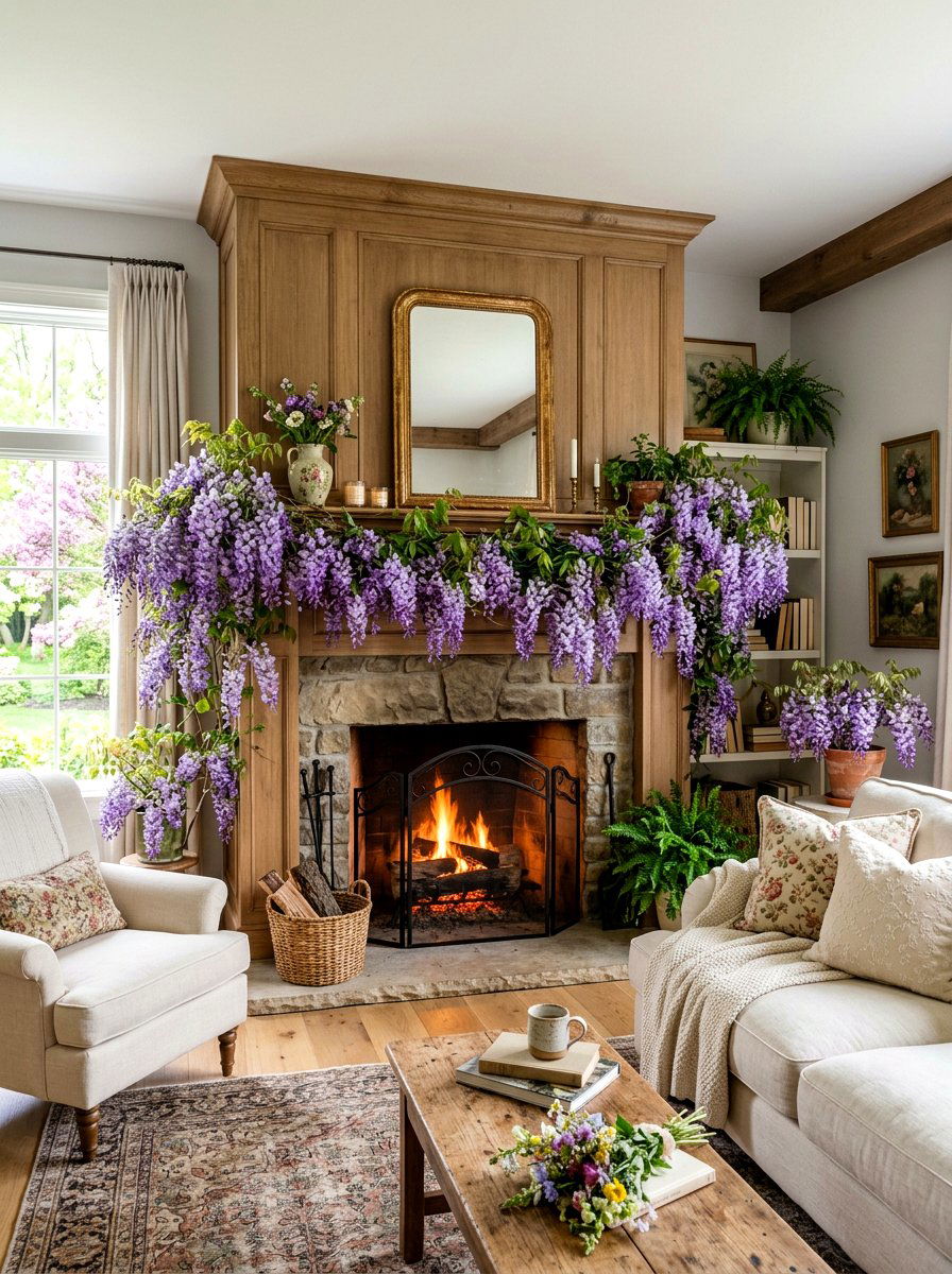 Wisteria Mantel - 25 Spring Garland Ideas for Mantel