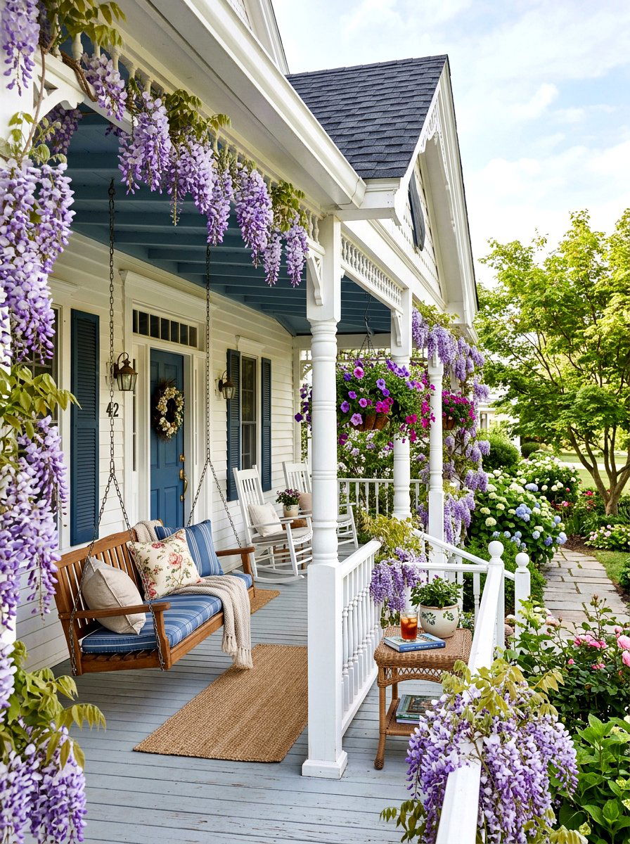 Wisteria Porch Seating - 25 Spring Wisteria Ideas