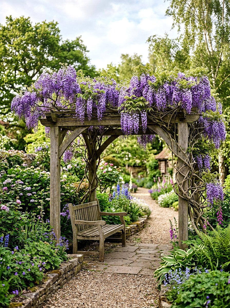 Wisteria Vine On Wooden Arbor - 25 Spring Garden Arbor Decor Ideas