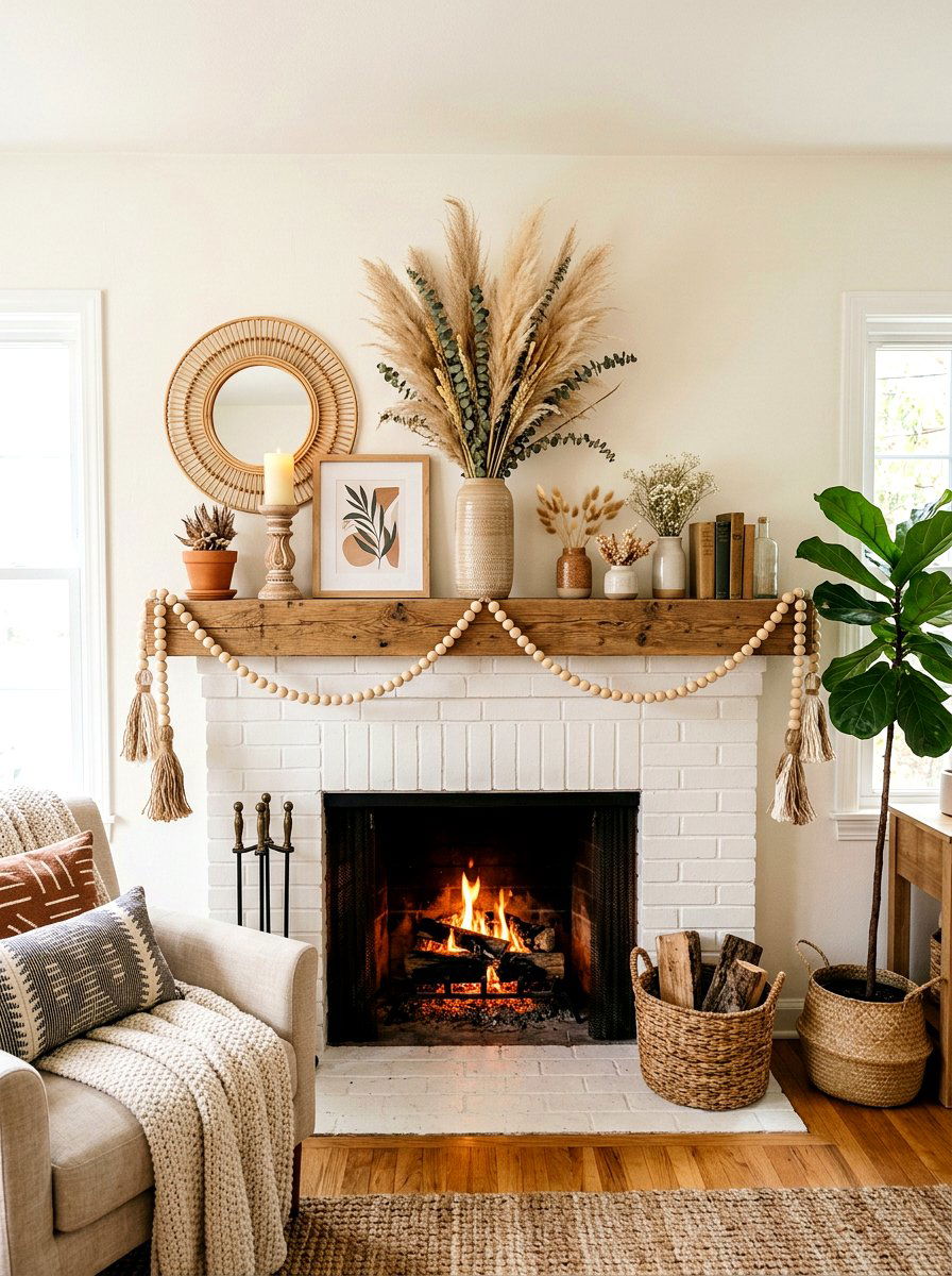 Wood Bead Mantel Garland - 25 Spring Mantel Vignette Ideas