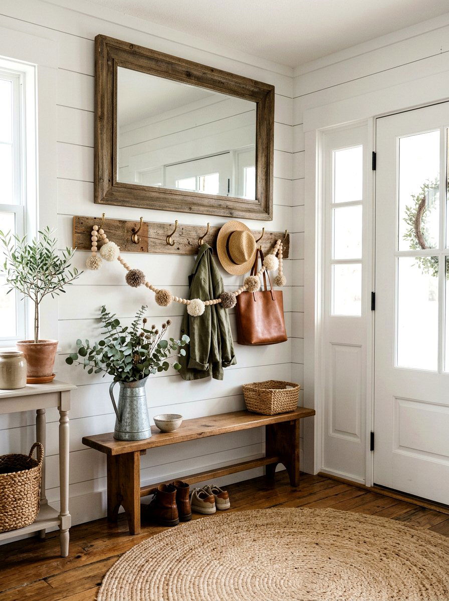 Wood Bead Pom Pom Garland Farmhouse Entryway - 25 Spring Pom Pom Garland Ideas