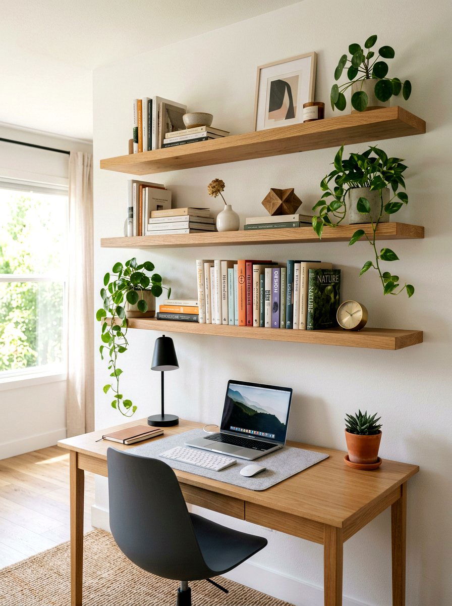Wood Floating Shelves - 25 Spring Home Office Decor Ideas