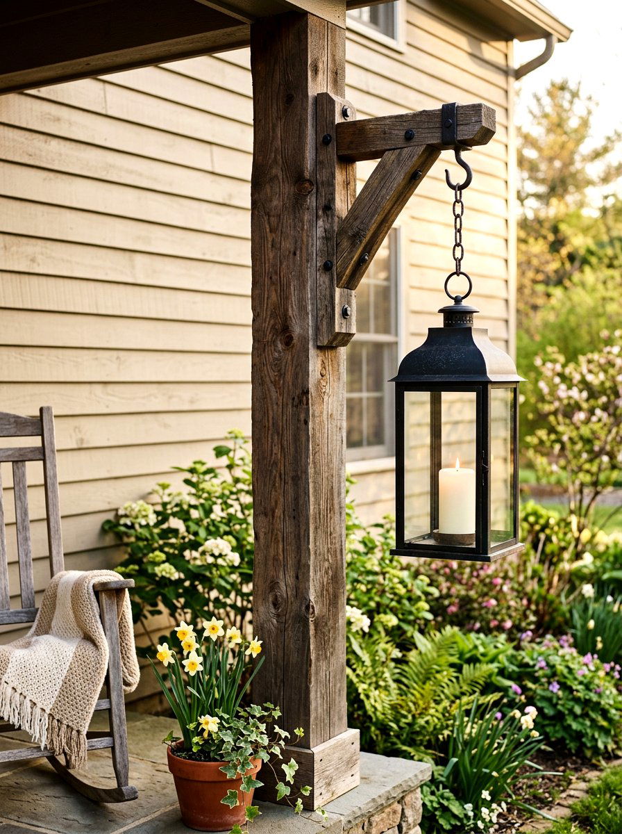 Wood Lantern Hook Porch Post - 25 Spring Porch Post Decor Ideas