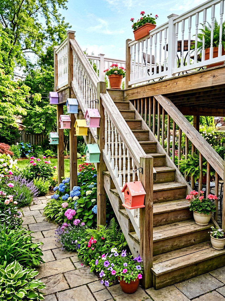Wood birdhouses - 25 Spring Deck Staircase Decor Ideas
