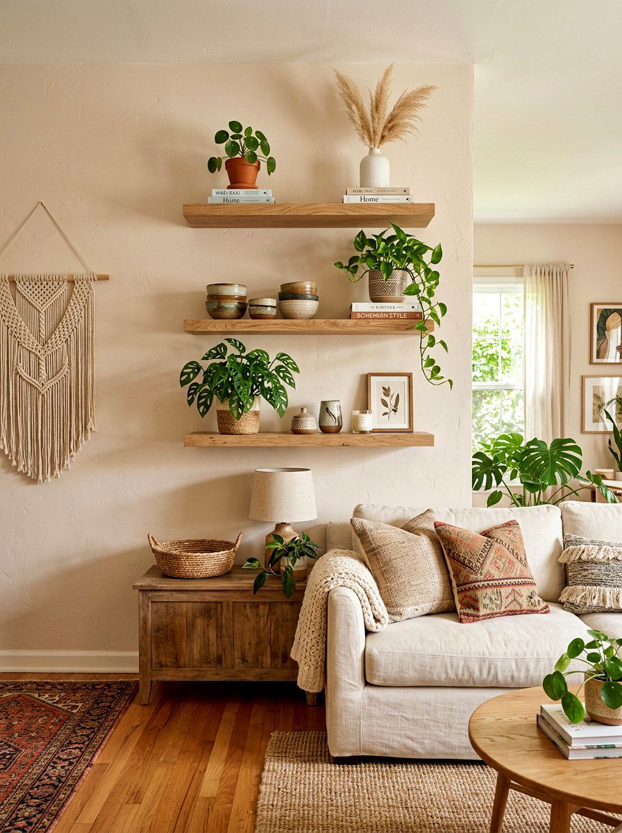 Wood floating shelves - 25 Spring Bohemian Decor Ideas