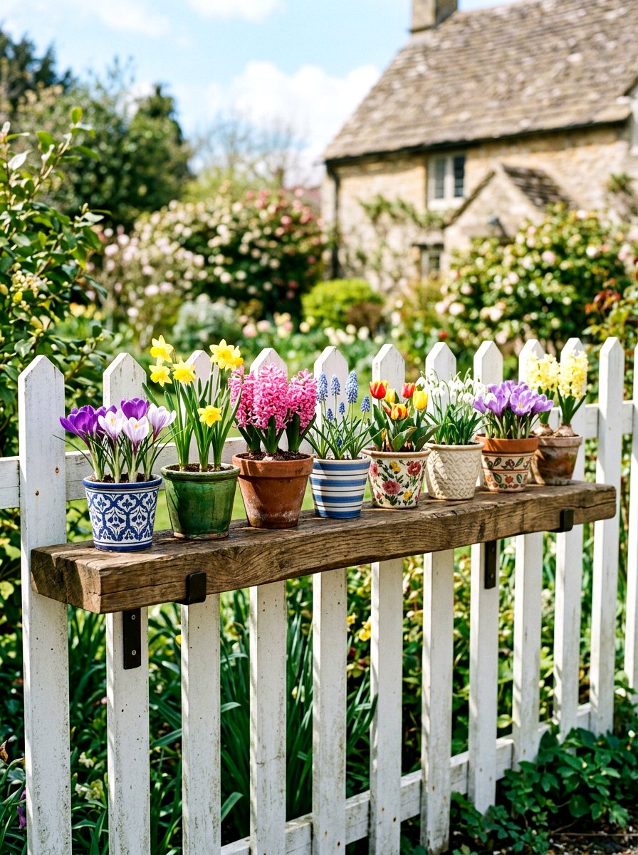 Wood shelf fence planter - 25 Spring Picket Fence Planter Ideas