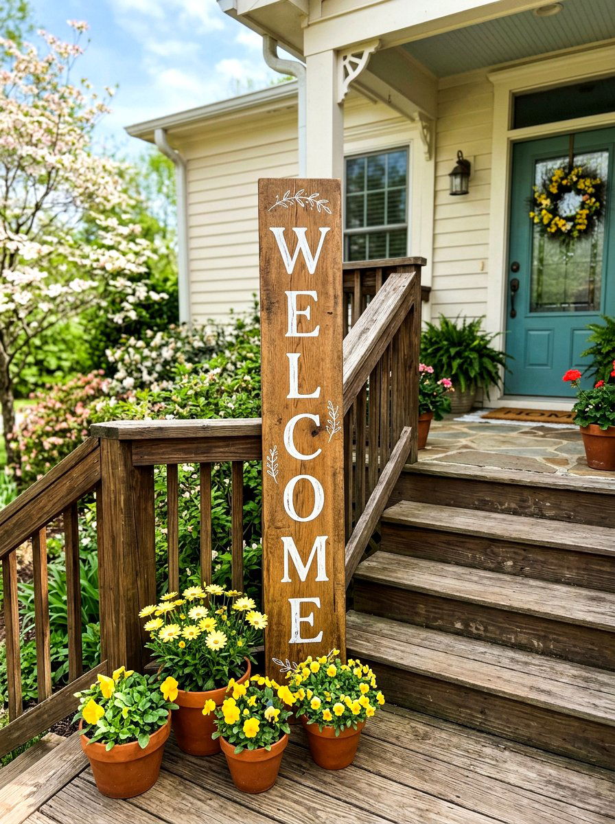 Wood welcome signs - 25 Spring Deck Staircase Decor Ideas