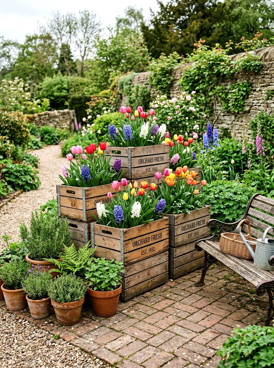 Wooden Apple Crate Garden - 25 Spring Vintage Planter Ideas