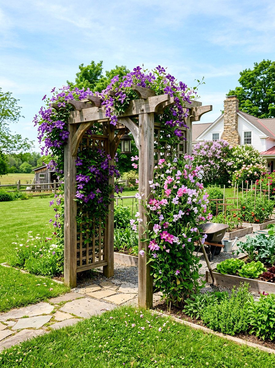 Wooden Arbor With Spring Flowers - 25 Spring Floral Arch Ideas