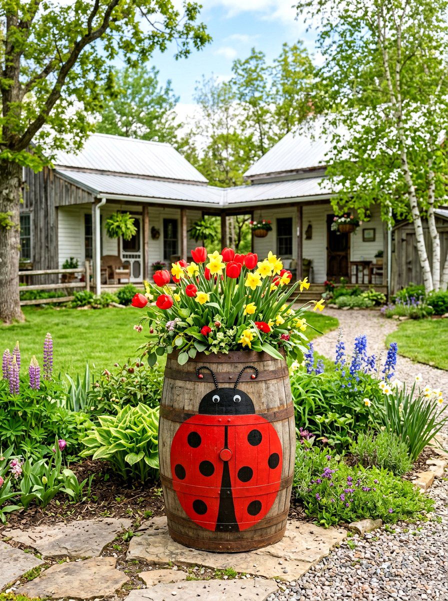 Wooden Barrel Ladybug Planter - 25 Spring Ladybug Planter Ideas