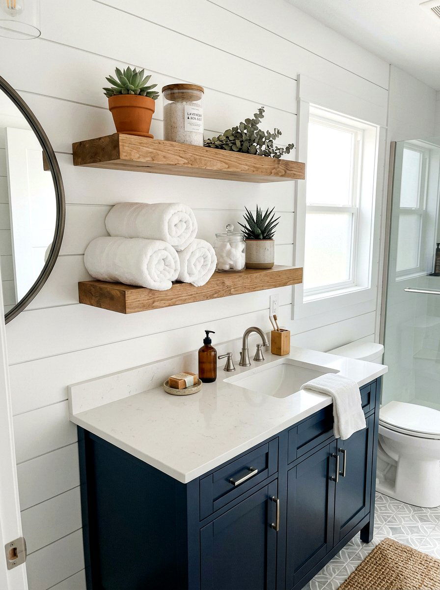 Wooden Bathroom Shelving - 25 Spring Bathroom Refresh Ideas