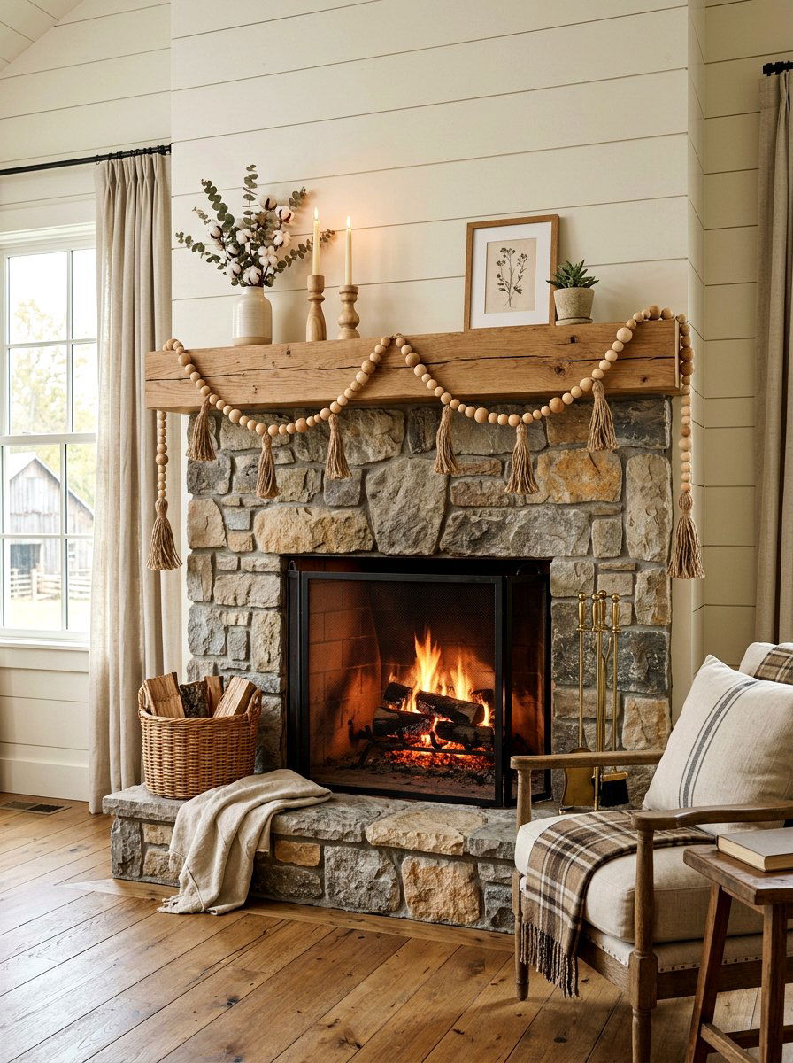 Wooden Bead Mantel - 25 Spring Farmhouse Fireplace Ideas
