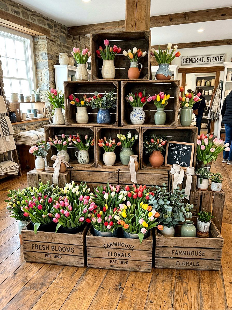 Wooden Crate Flower Display - 25 Spring Storefront Decor Ideas