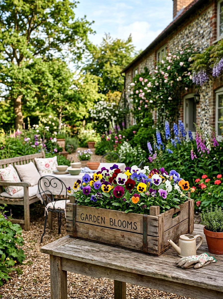 Wooden Crate Pansy Display - 25 Spring Pansy Planter Ideas