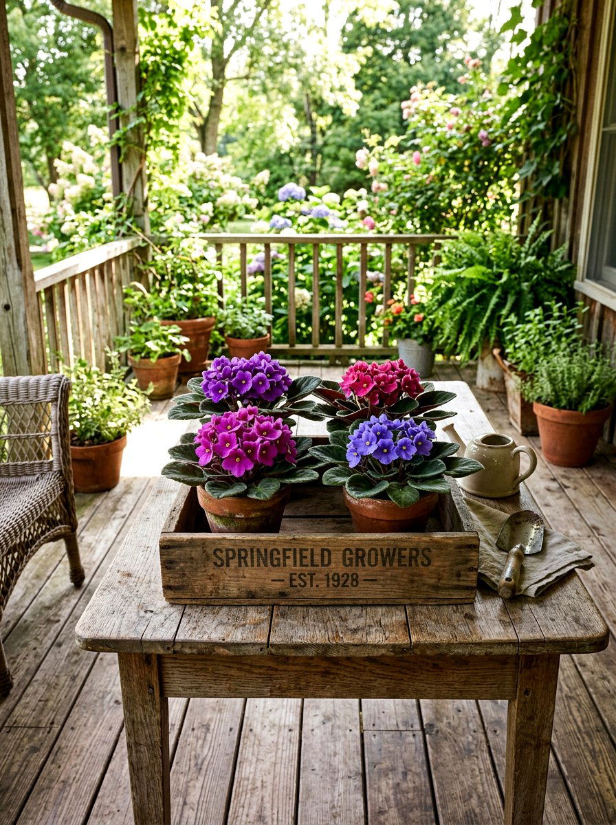 Wooden Crate Plant Arrangement - 25 Spring African Violet Display Ideas